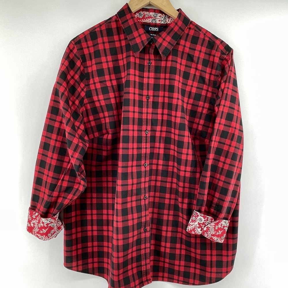 CHAPS Shirt Women 2X No Iron Cotton Button Up Red Buffalo Plaid Flip Cuff Preppy